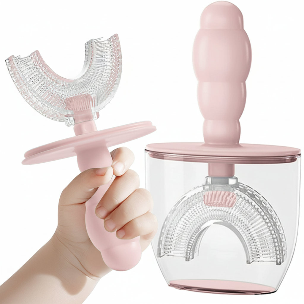 Bear U-Shaped Toothbrush with cup - Child Pink