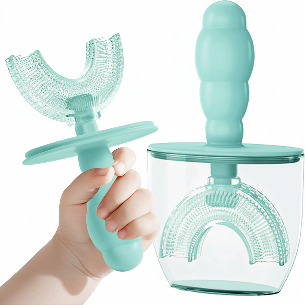 Bear U-Shaped Toothbrush with cup - Child Aqua